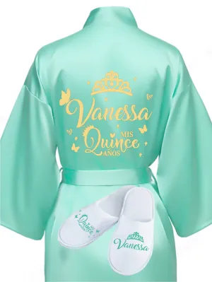 Quinceanera Sage Green with Gold robe with slippers